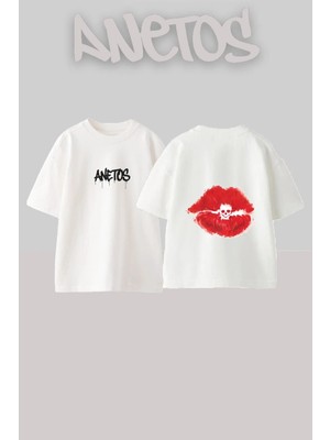 Anetos Skull Lips Tasarım Sırt Baskılı Pamuk Beyaz Oversize T-Shirt
