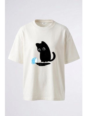 Anetos Black Cat Spill Tasarım Sırt Baskılı Pamuk Beyaz Oversize T-Shirt