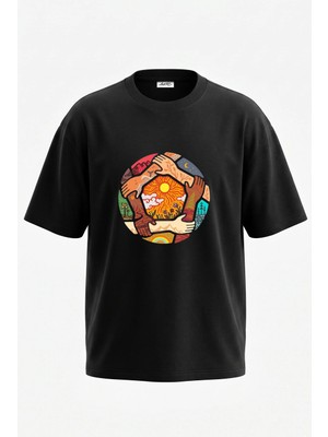 Anetos Dunya Birlik Tasarım Sırt Baskılı Pamuk Siyah Oversize T-Shirt