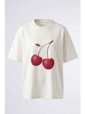 Anetos Cift Kiraz Tasarım Sırt Baskılı Pamuk Beyaz Oversize T-Shirt