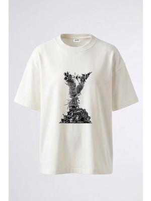 Anetos Slipknot Maskeler Tasarım Sırt Baskılı Pamuk Beyaz Oversize T-Shirt