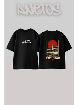 Anetos Cape Town Tasarım Sırt Baskılı Pamuk Siyah Oversize T-Shirt