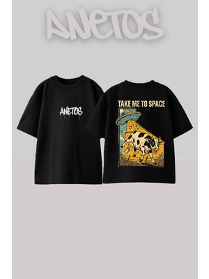 Anetos Cow Ufo Tasarım Sırt Baskılı Pamuk Siyah Oversize T-Shirt