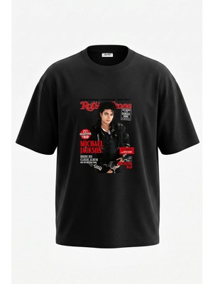 Anetos Michael Jackson_3 Tasarım Sırt Baskılı Pamuk Siyah Oversize T-Shirt