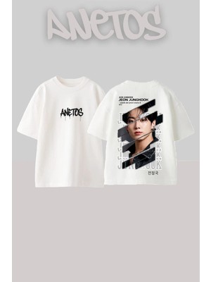 Anetos Jeon Jungkook Tasarım Sırt Baskılı Pamuk Beyaz Oversize T-Shirt