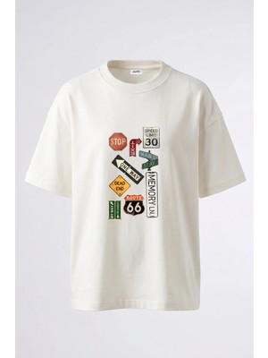 Anetos Vintage Road Signs Tasarım Sırt Baskılı Pamuk Beyaz Oversize T-Shirt