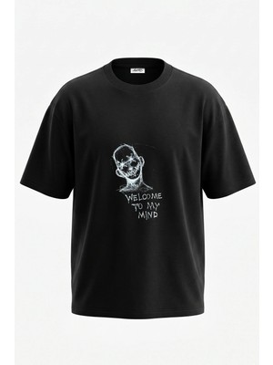 Anetos Dikili Agiz Yuz Tasarım Sırt Baskılı Pamuk Siyah Oversize T-Shirt