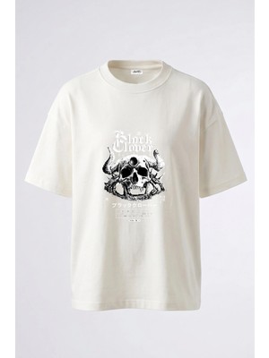 Anetos Black Clover Skull Tasarım Sırt Baskılı Pamuk Beyaz Oversize T-Shirt
