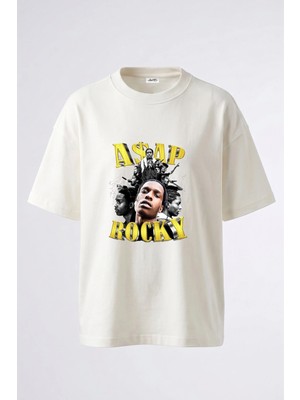 Anetos Asap Rocky Tasarım Sırt Baskılı Pamuk Beyaz Oversize T-Shirt