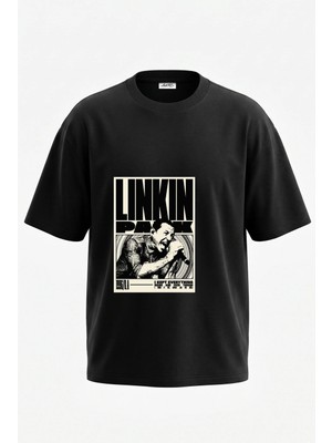 Anetos Linkin Park Tasarım Sırt Baskılı Pamuk Siyah Oversize T-Shirt