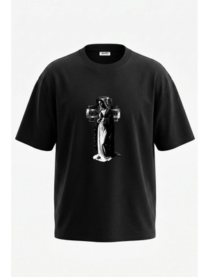 Anetos Virgin Mary Razor Tasarım Sırt Baskılı Pamuk Siyah Oversize T-Shirt