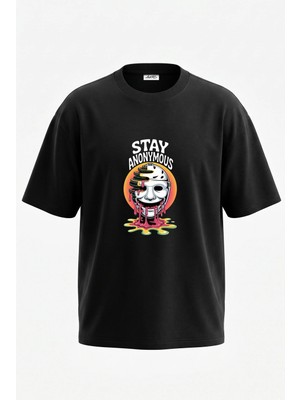 Anetos Anonymous Mask Tasarım Sırt Baskılı Pamuk Siyah Oversize T-Shirt