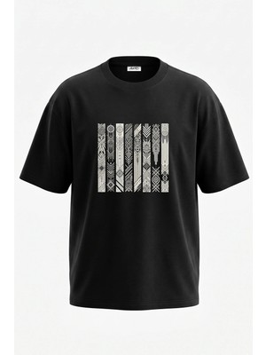 Anetos Art Deco Desen Tasarım Sırt Baskılı Pamuk Siyah Oversize T-Shirt