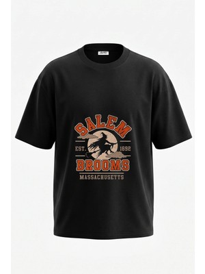 Anetos Salem Witch Tasarım Sırt Baskılı Pamuk Siyah Oversize T-Shirt