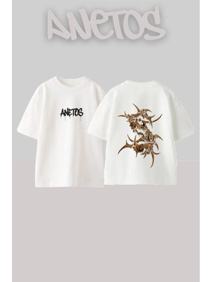 Anetos Twisted Skeleton Tasarım Sırt Baskılı Pamuk Beyaz Oversize T-Shirt