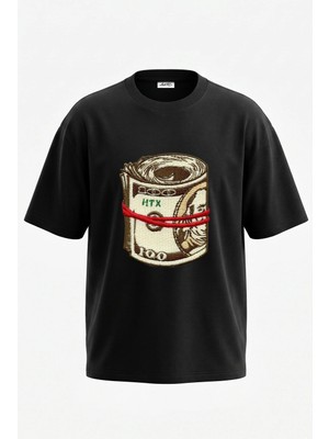 Anetos Dollar Roll Tasarım Sırt Baskılı Pamuk Siyah Oversize T-Shirt