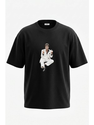 Anetos Tony Montana Scarface Tasarım Sırt Baskılı Pamuk Siyah Oversize T-Shirt