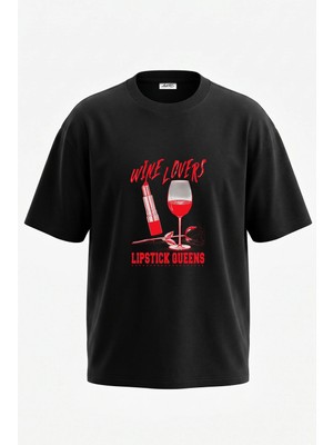 Anetos Wine Lipstick Tasarım Sırt Baskılı Pamuk Siyah Oversize T-Shirt