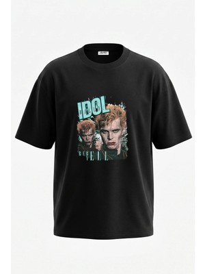 Anetos Billy Idol Tasarım Sırt Baskılı Pamuk Siyah Oversize T-Shirt