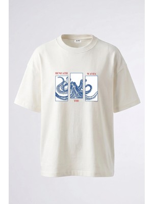 Anetos Blue Octopus Tasarım Sırt Baskılı Pamuk Beyaz Oversize T-Shirt