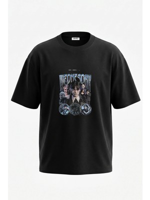 Anetos Wednesday Addams Tasarım Sırt Baskılı Pamuk Siyah Oversize T-Shirt