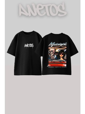 Anetos Skeleton Woman Tasarım Sırt Baskılı Pamuk Siyah Oversize T-Shirt