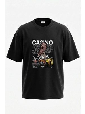 Anetos Casino Robert De Niro Tasarım Sırt Baskılı Pamuk Siyah Oversize T-Shirt