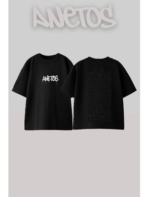 Anetos Tribal Art Tasarım Sırt Baskılı Pamuk Siyah Oversize T-Shirt