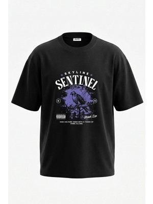 Anetos Paint Splatter Hawk Tasarım Sırt Baskılı Pamuk Siyah Oversize T-Shirt
