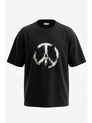Anetos Peace Skull Tasarım Sırt Baskılı Pamuk Siyah Oversize T-Shirt