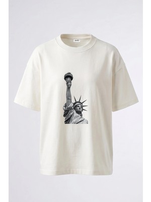 Anetos Statue Of Liberty_1 Tasarım Sırt Baskılı Pamuk Beyaz Oversize T-Shirt