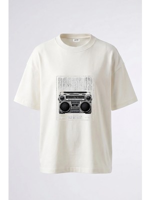 Anetos Boombox Oldschool Tasarım Sırt Baskılı Pamuk Beyaz Oversize T-Shirt