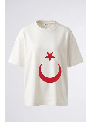 Anetos Ay Yildiz Tasarım Sırt Baskılı Pamuk Beyaz Oversize T-Shirt