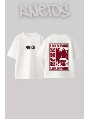 Anetos Linkin Park Tasarım Sırt Baskılı Pamuk Beyaz Oversize T-Shirt