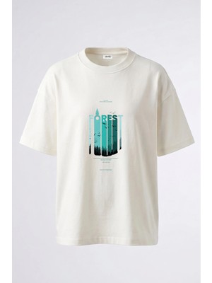 Anetos Forest Tasarım Sırt Baskılı Pamuk Beyaz Oversize T-Shirt