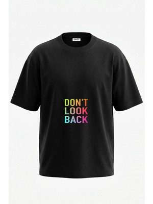 Anetos Don't Look Back Tasarım Sırt Baskılı Pamuk Siyah Oversize T-Shirt