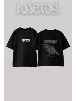 Anetos Nevermore Raven Tasarım Sırt Baskılı Pamuk Siyah Oversize T-Shirt