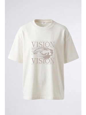 Anetos Pixel Eye Tasarım Sırt Baskılı Pamuk Beyaz Oversize T-Shirt