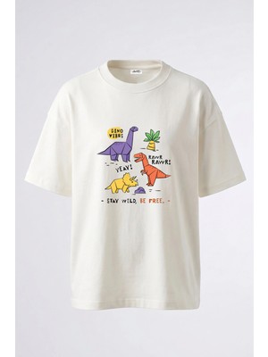 Anetos Origami Dinosaur Tasarım Sırt Baskılı Pamuk Beyaz Oversize T-Shirt