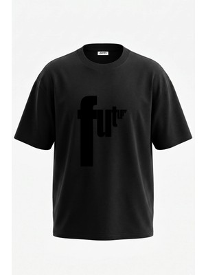 Anetos Future Typography Tasarım Sırt Baskılı Pamuk Siyah Oversize T-Shirt