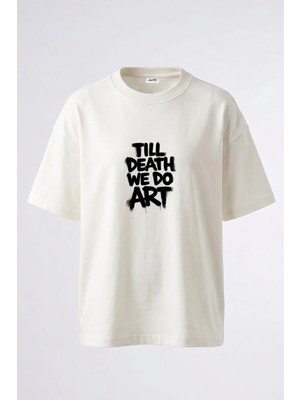 Anetos Till Death Art Tasarım Sırt Baskılı Pamuk Beyaz Oversize T-Shirt