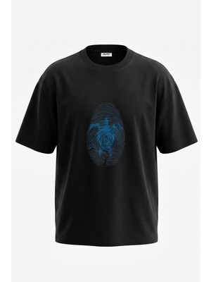 Anetos Sea Turtle Fingerprint Tasarım Sırt Baskılı Pamuk Siyah Oversize T-Shirt