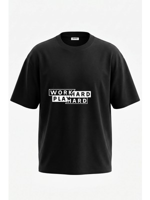 Anetos Work Hard Play Hard Tasarım Sırt Baskılı Pamuk Siyah Oversize T-Shirt