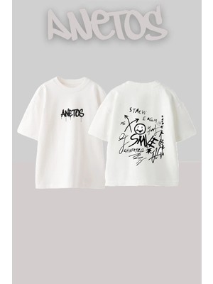 Anetos Scribble Art Tasarım Sırt Baskılı Pamuk Beyaz Oversize T-Shirt