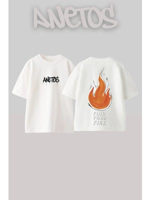 Anetos Burning Fire Tasarım Sırt Baskılı Pamuk Beyaz Oversize T-Shirt