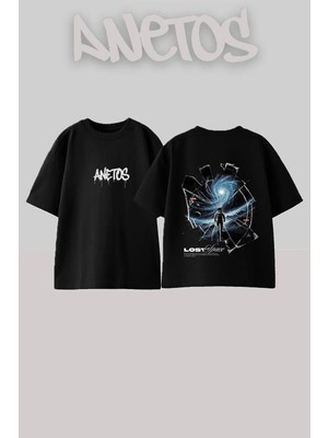 Anetos Lost Space Tasarım Sırt Baskılı Pamuk Siyah Oversize T-Shirt