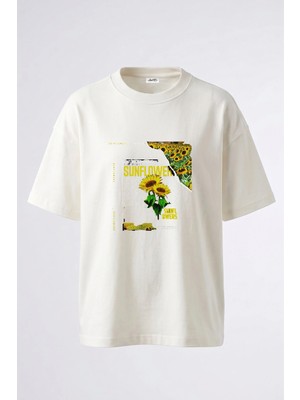 Anetos Sunflower Field Tasarım Sırt Baskılı Pamuk Beyaz Oversize T-Shirt