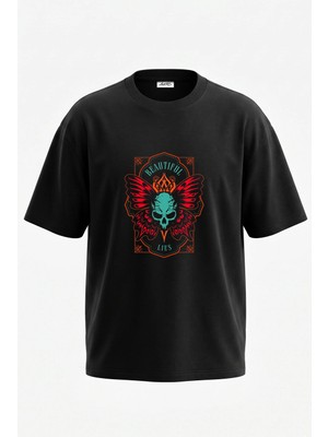 Anetos Death Moth Tasarım Sırt Baskılı Pamuk Siyah Oversize T-Shirt