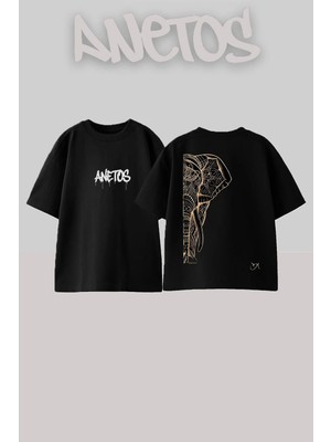 Anetos Decorated Elephant Tasarım Sırt Baskılı Pamuk Siyah Oversize T-Shirt