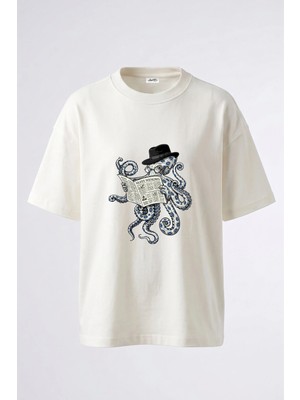 Anetos Gentleman Octopus Tasarım Sırt Baskılı Pamuk Beyaz Oversize T-Shirt